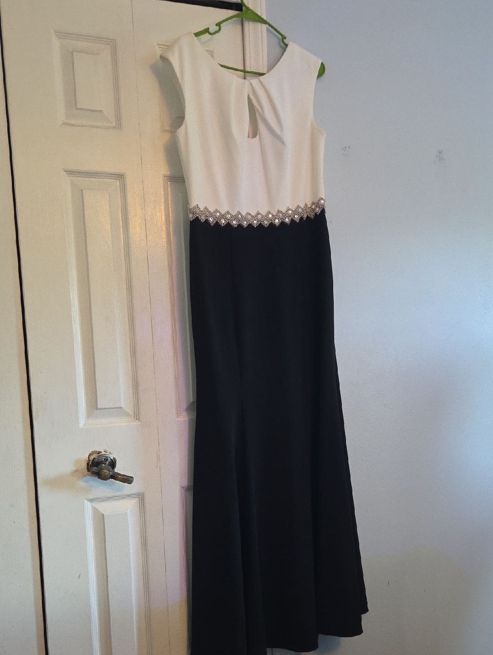 Two-Tone Black and White Maxi Dress with Beaded Waist